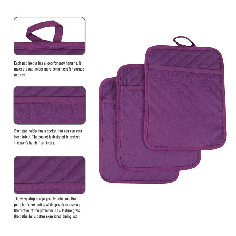 Anyi Pot Holders for Kitchen Heat Resistant, Cotton Hot Pads for Counter Table, Purple Kitchen Pot Holders with Pocket - Image 2
